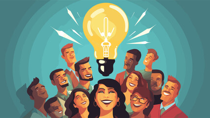 Lightbulb popping above someone's head: A literal lightbulb bursts above a character's head, surrounded by surprised colleagues. - obrazy, fototapety, plakaty