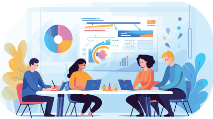 simple Vector Illustration art of Create a vector art depicting a young male and female startup team engaged in a high-energy discussion around a conference table strewn with charts, graphs, and digit - obrazy, fototapety, plakaty