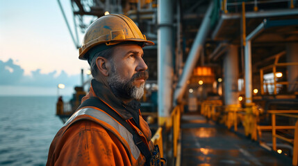 Caucasian industrial worker in the oil tube station at sea - obrazy, fototapety, plakaty