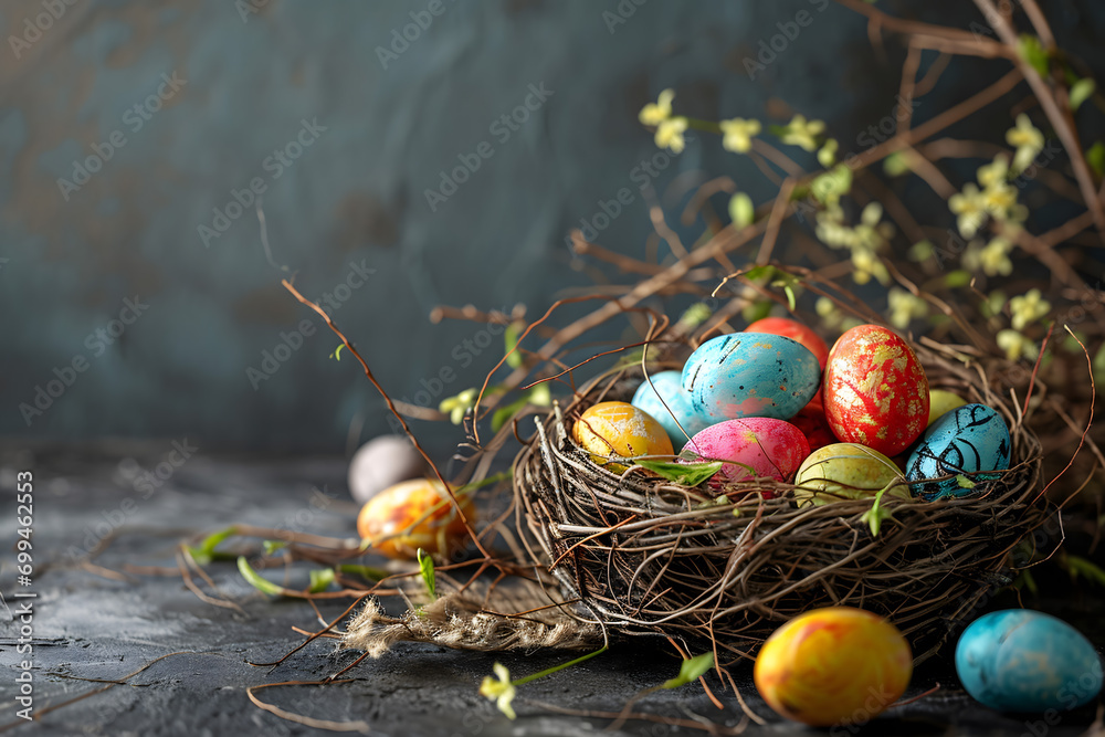 Wall mural easter card, easter bunny with eggs, easter eggs and flowers, easter eggs in a basket, easter eggs and flowers on a white background, easter wall paper and background for social media