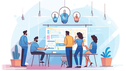 simple Vector Illustration art of Design a vector scene of a team huddled around a glass brainstorming board, using markers to sketch out strategies and plans during an animated business meeting. - Powered by Adobe