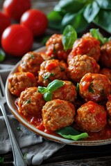 A plate of delicious meatballs served with a rich tomato sauce and garnished with fresh basil leaves. Perfect for a hearty meal or Italian-inspired dishes