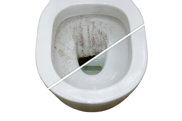 Toilet bowl before and after cleaning from dirt and clogging of the pipe, isolated on white...