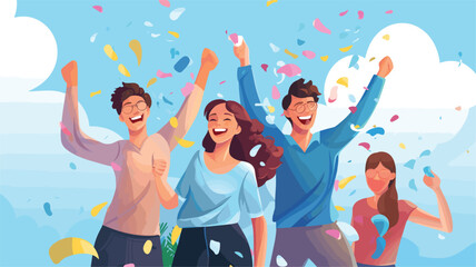 simple Vector Illustration art of Illustrate a vector scene of a young male and female startup team celebrating a successful product launch. Include elements like confetti, a pop-up banner with the pr