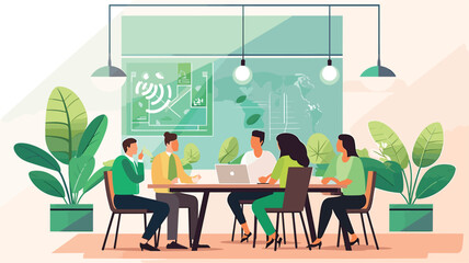 simple Vector Illustration art of Illustrate a vector artwork depicting a young male and female startup team collaborating on a sustainable project. Showcase eco-friendly elements in their workspace,