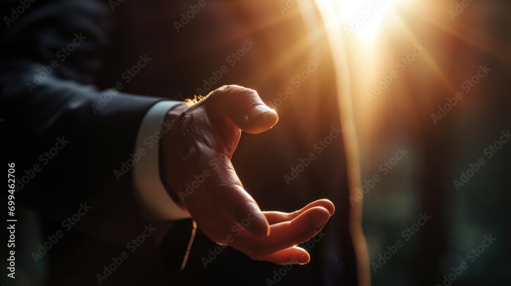 Aufkleber a man in a suit extending his hand towards the sun. ideal for depicting ambition and reaching for go
