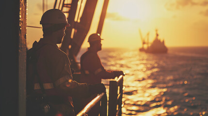Caucasian industrial workers in the oil tube station at sea during sunset - obrazy, fototapety, plakaty