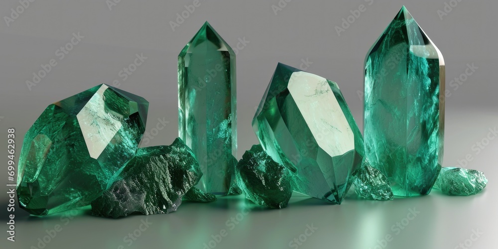 Aufkleber Green crystals arranged neatly on a table. Suitable for various applications