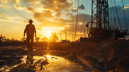 Oil worker at oil extraction, petroleum industry at sunset - obrazy, fototapety, plakaty
