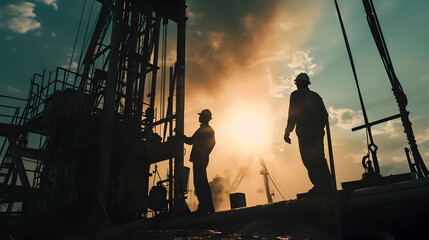 Oil workers at oil extraction, petroleum industry at sunset - obrazy, fototapety, plakaty