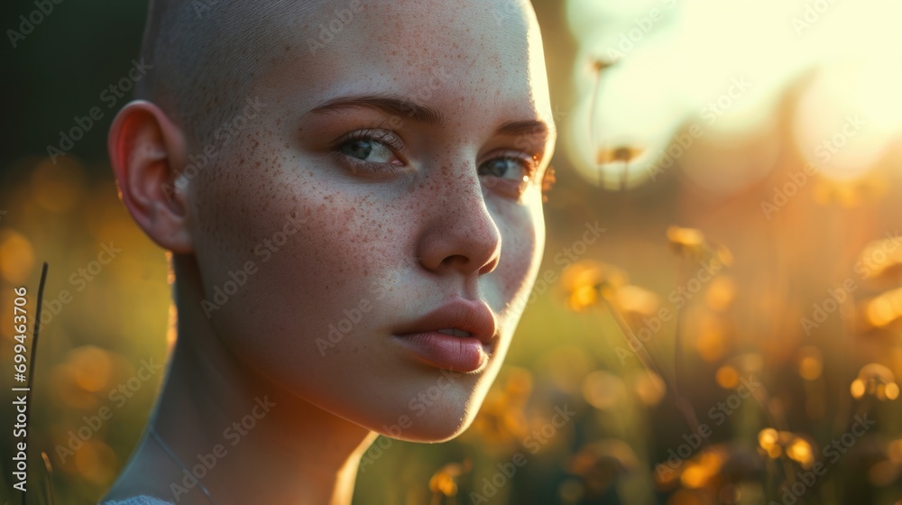 Poster a close-up view of a person with a shaved head. this image can be used to depict concepts of baldnes