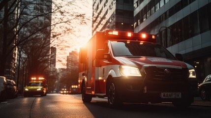 Fototapeta na wymiar A medical emergency ambulance car driving with red lights on through the city on a road in the day time
