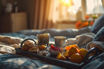 A tray of breakfast food on a bed. Perfect for showcasing a delicious morning meal. - obrazy, fototapety, plakaty