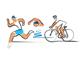
Triathlon cycling swimming, fitnes, line art.
 Illustration of Triathlon athletes. Continuous Line Drawing. Isolated on white background. Vector available.