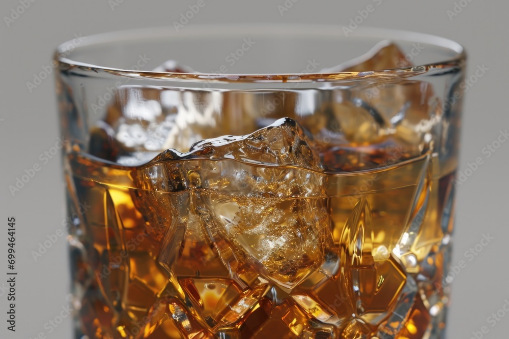 Poster A close up view of a glass filled with ice cubes. Perfect for refreshing beverage concepts