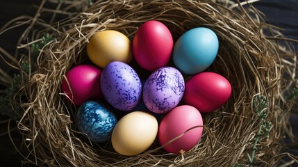 Fototapeta na wymiar colored deep red Easter eggs in nest top view background, selective focus image 