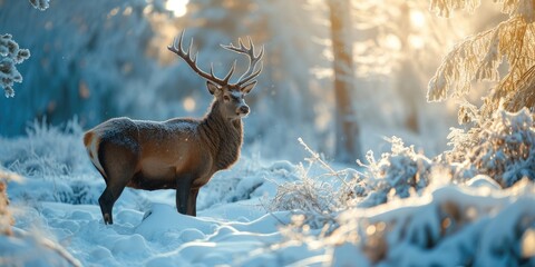 A picture of a deer standing in the snow in a wooded area. This image can be used to depict winter...