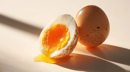 An egg and its yolk are placed on a table. This image can be used to depict food, cooking, or nutrition - obrazy, fototapety, plakaty