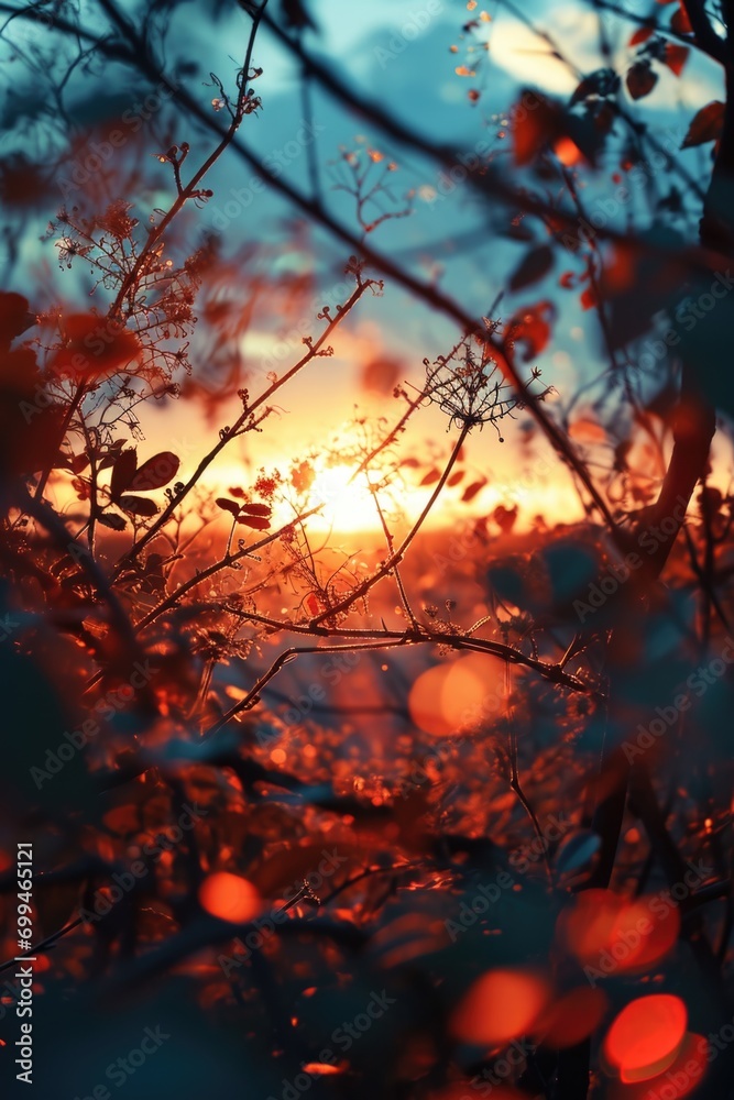 Poster a stunning image of the sun setting through the branches of a tree. perfect for nature and landscape