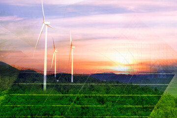 Eco-friendly, wind turbine , solar cell building modern, Green forest and sunlight. Natural Double Exposure. Environment Concept - Powered by Adobe