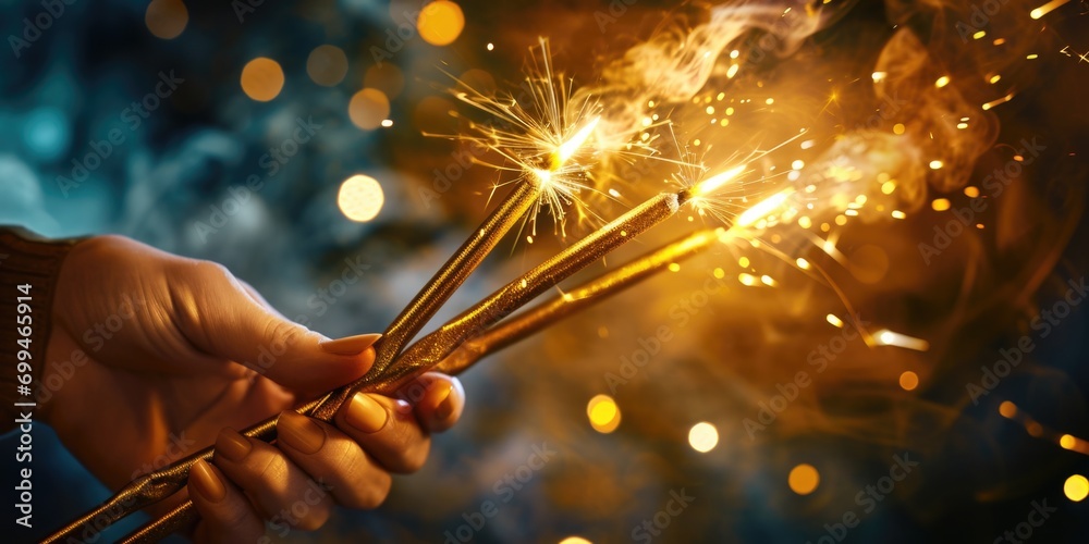 Poster a person holding a sparkler in their hand. perfect for celebrating special occasions or creating a f