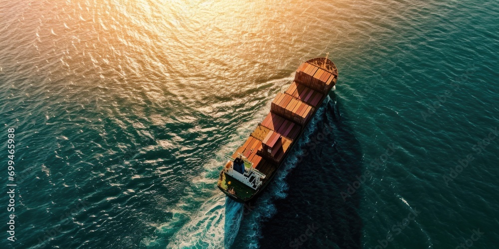 Poster a large container ship traveling across a body of water. perfect for transportation and logistics co
