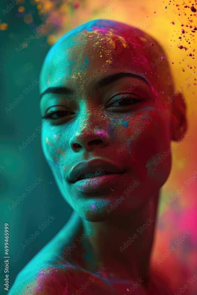 Poster Close-up shot of a person with colored powder on their face. Perfect for adding a vibrant and festive touch to any project