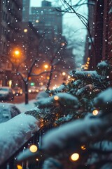 A picture of a snowy night in the city with beautiful lights illuminating the scene. Perfect for winter-themed projects or holiday promotions