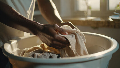 The process of hand washing clothes - obrazy, fototapety, plakaty