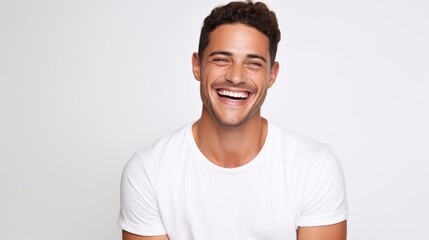 A professional portrait studio photo of a handsome young white american man model with perfect clean teeth laughing and smiling. isolated on white background