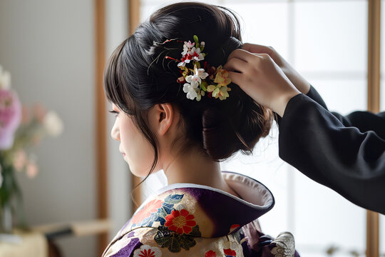 身支度をする振袖（着物）女性