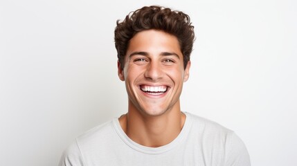 A professional portrait studio photo of a handsome young white american man model with perfect clean teeth laughing and smiling. isolated on white background