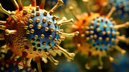 Image of a viral infection at the cellular level under a microscope. Chronic illness. Hepatitis viruses, influenza, cellular infection of the body, AIDS