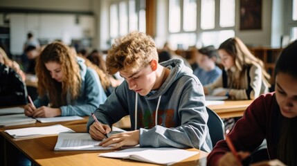 A university high school group of students studying in the classroom. writing and learning on the desk. having an exam test