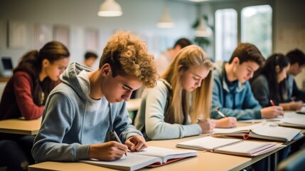 A university high school group of students studying in the classroom. writing and learning on the desk. having an exam test