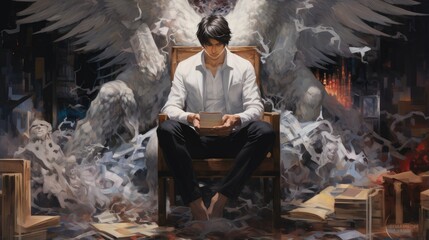 solitary man with angelic wings encircled by tumultuous paper whirlwind. artistic representation of calm within chaos for unique visual narratives