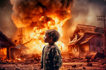 Violent explosion against the backdrop of the house. A child watches the explosion and fire. Sunset. Apocalypse. War. Nuclear threat. Third World War. Attack on a peaceful city - obrazy, fototapety, plakaty