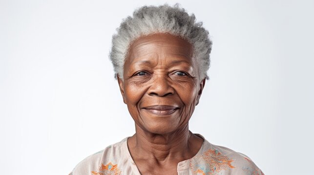 Close - Up Portrait Of A Senior Old Black African American Woman With Grey Hair, Studio Photo, Isolated On White Background