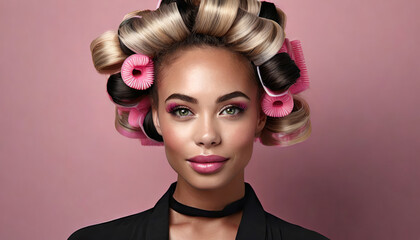 Elegant beauty: gorgeous young woman with curlers in her hair - obrazy, fototapety, plakaty