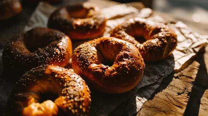 Foto op Aluminium A bunch of bagels sitting on top of a wooden table. Perfect for bakery or breakfast related projects © Fotograf