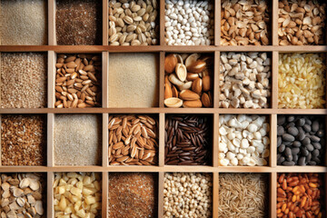 Different types of legumes and cereals, top view. Organic grains. Close-up. Natural products without GMOs.