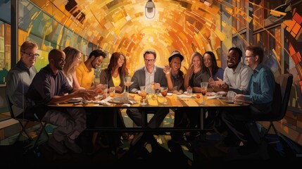 joyful diverse group toasting over a meal in a radiant restaurant. celebrating togetherness, friendship, and the pleasure of fine dining in a bright, artistic setting - obrazy, fototapety, plakaty