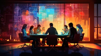 dynamic team collaboration in a futuristic office setting with holographic data visualization. ideal for presenting themes of innovation, strategy, and cutting-edge technology in business - obrazy, fototapety, plakaty
