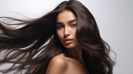 Closeup photo portrait of a beautiful young asian indian female model woman shaking her beautiful hair in motion. ad for shampoo conditioner hair products. isolated on white background,