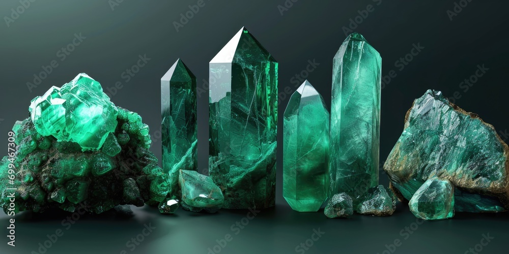 Poster A group of green crystals sitting next to each other. Perfect for adding a touch of nature and elegance to any project