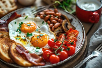 A delicious plate of breakfast with eggs, beans, tomatoes, and toast. Perfect for illustrating a healthy and hearty morning meal