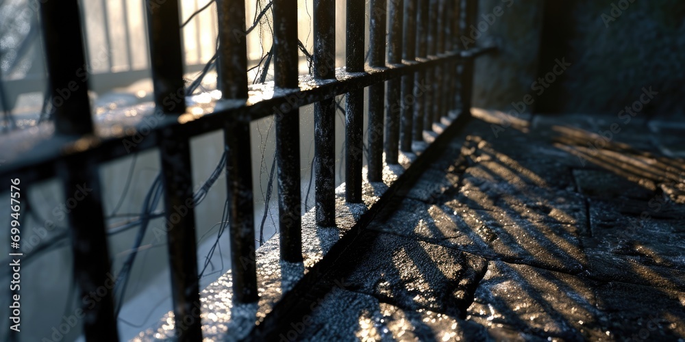 Poster water droplets on a metal fence, perfect for adding texture and a modern touch to any design