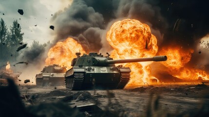 A armored tank shooting of a battle field in a war. bombs and explosions in the background. fire smoke and ash everywhere - obrazy, fototapety, plakaty