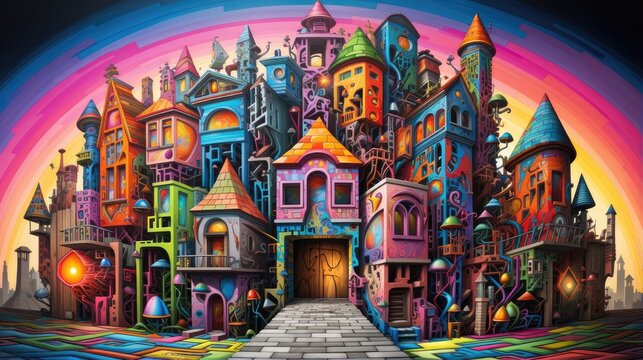 fantasy metropolis under a rainbow sky. eye-catching digital artwork ideal for creative backgrounds and abstract urban design projects