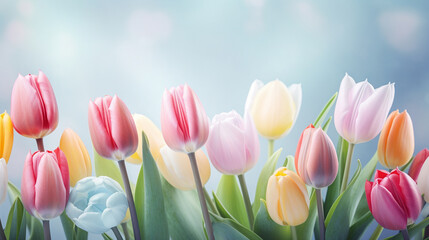 Beautiful tulips in pastel colors. selective focus. Generative AI,